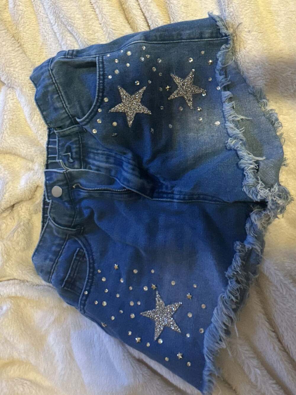 Denim Star Rhinestone Shorts Size S Raw Hem Blue